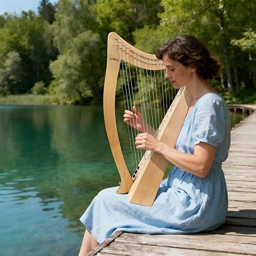 Miniatura 15 de Arpa de lira, Lotkey 23 cuerdas de metal, cuerpo de caoba y tablero de abeto sólido, arpa de lira con llave de afinación, cuerdas de extracción