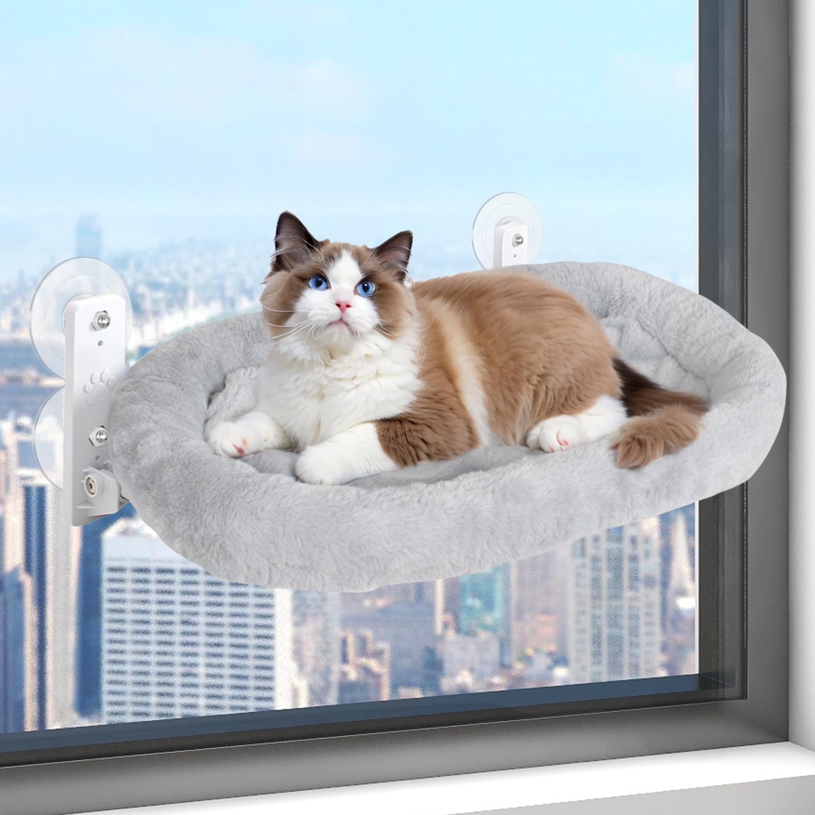 Amaca con finestra per gatti, posatoio per gatti a sdraio con ventose potenti e tappetino morbido, letto sospeso, sacco a pelo per gatti ideale per esplorare e rilassarsi, 52 x 30 cm (grigio)
