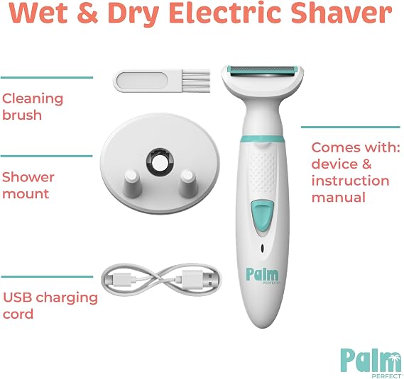 PalmPerfect Rechargeable Shaver for Women - Razor with Built-in LED Light | Waterproof Electric Razor Includes Space-Saving Shower Wall Mount, USB Charging Cable, Safe for All Body Parts