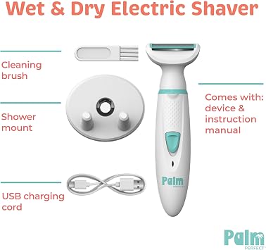 PalmPerfect Rechargeable Shaver for Women - Razor with Built-in LED Light | Waterproof Electric Razor Includes Space-Saving Shower Wall Mount, USB Charging Cable, Safe for All Body Parts