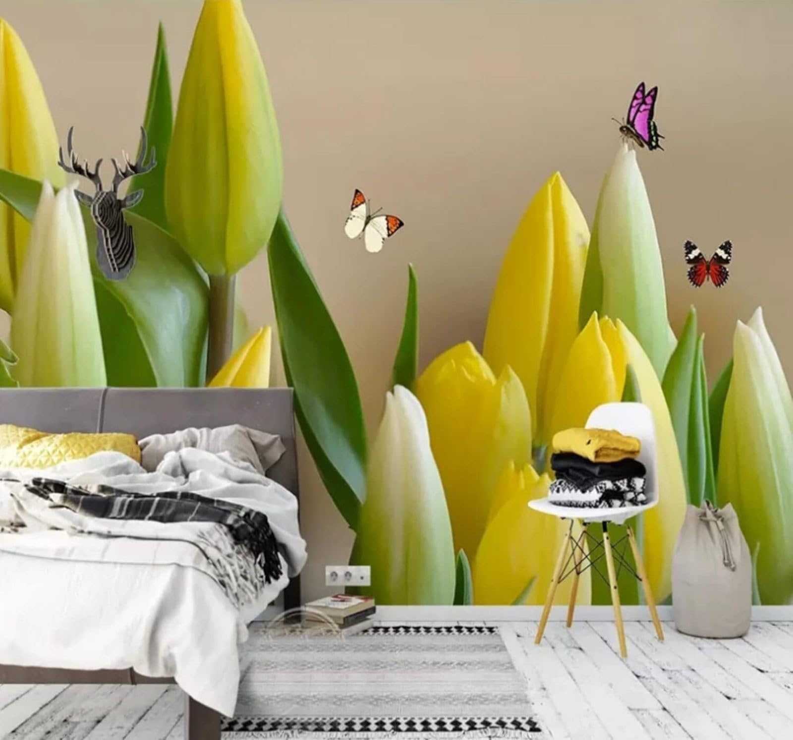 Wallpaper-3D-Xlm 250Cm×170Cm(B×H) Fresh Three Dimensional Beautiful Tulips Butterflies 3D Wallpaper Easy Install Feature Office Living Room Sofa Bedroom Tv Background Wall Decoration-250Cm×170Cm