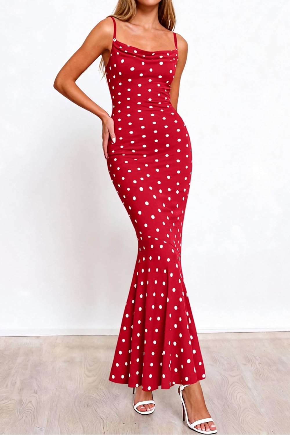 PRETTYGARDEN Womens Summer Dresses 2026 Polka Dot Spaghetti Strap Cowl Neck Bodycon Wedding Cocktail Mermaid Maxi Dress - Image 4