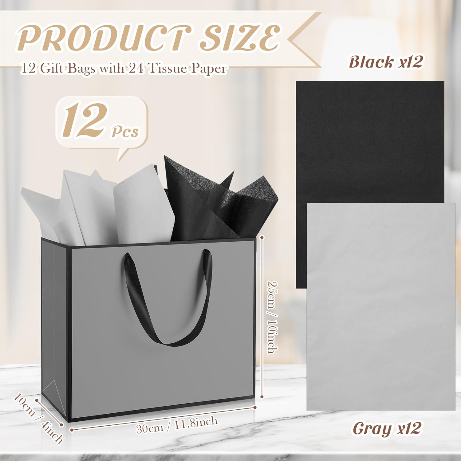 relithick 12 pack metallic paper gift bag with handles and tissue paper 11.8 x 10 x 4'' thank you favor bag for graduation mother's day wedding bridesmaid groomsman 5 senses gifts (gray,black) grey, black 12