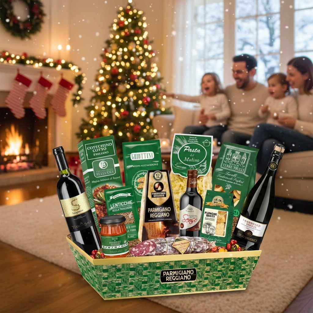 Cesto Natalizio Gaia da 13 Pezzi, Specialità Gastronomiche: Parmigiano, Cotechino, Vino Sangiovese, e Delizie Tipiche per Natale