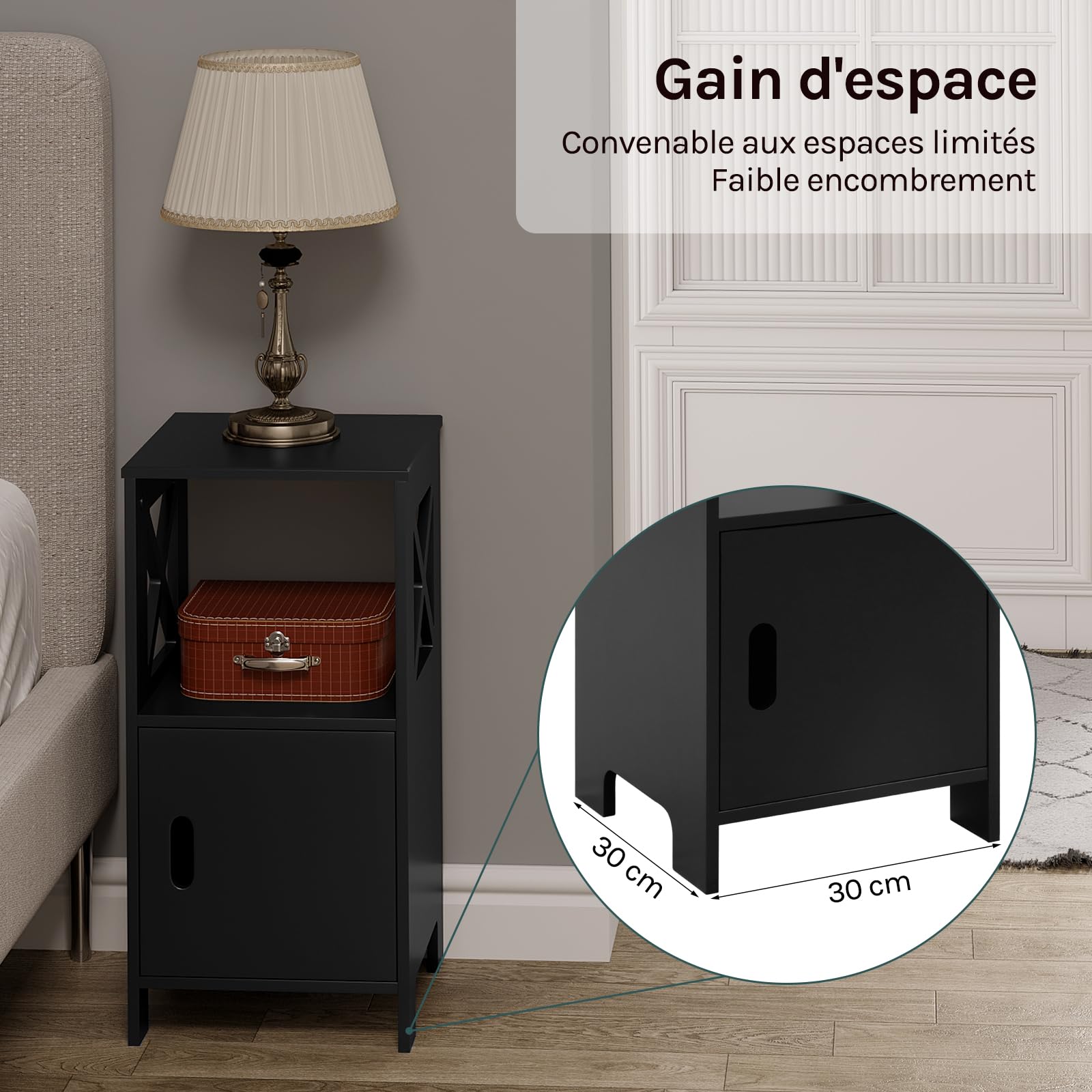 WOLTU Table de Chevet, Lot de 2, 1 Casier et 1 Placard avec Porte, Noire