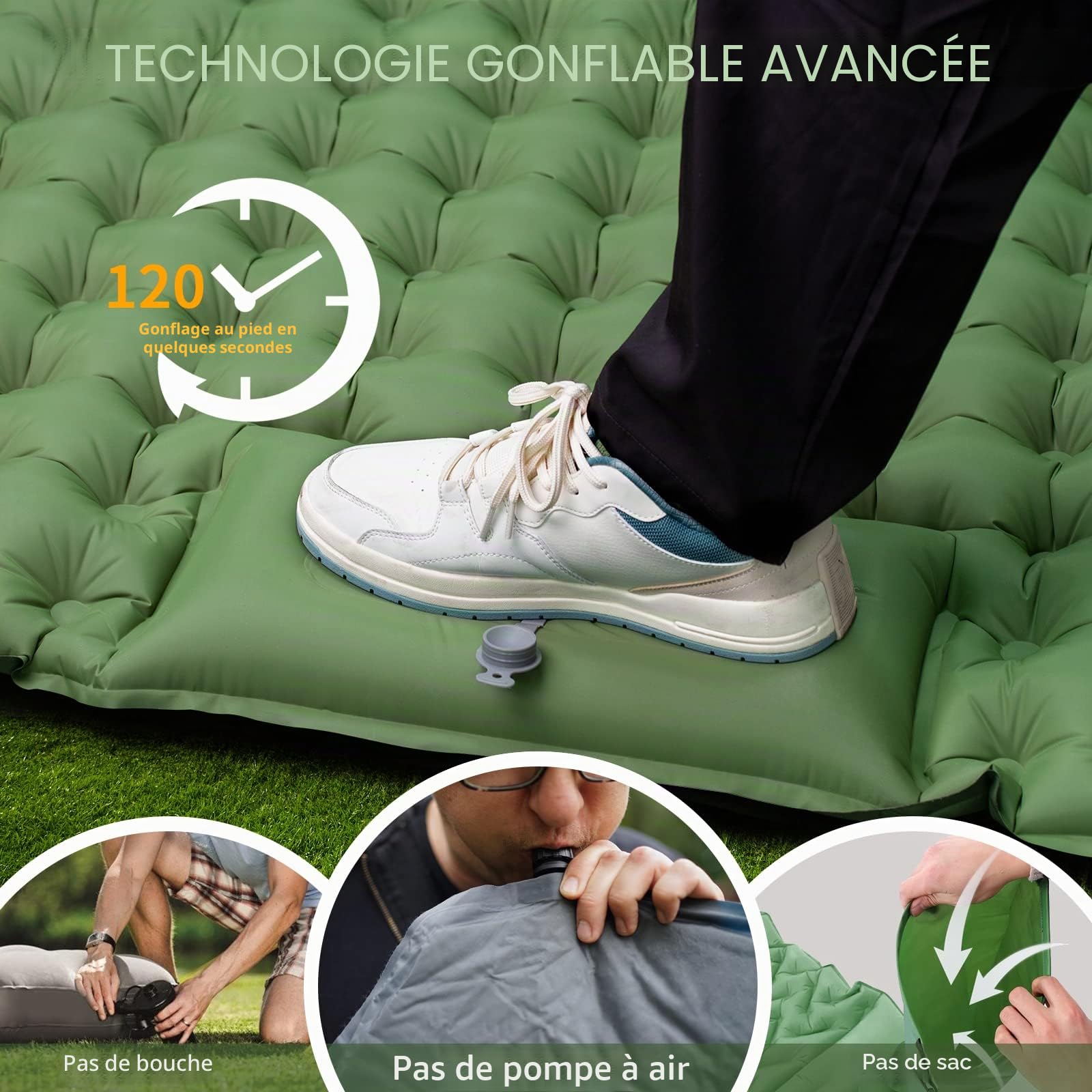 ERWEY Tapis de lit double auto-gonflable, 200 x 135 cm, matelas pneumatique ultra léger avec pompe à pied