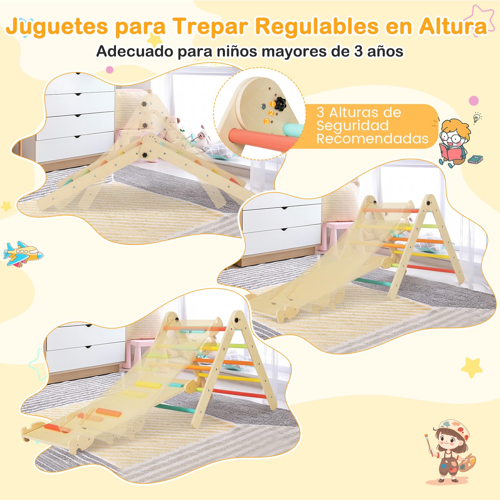 COSTWAY Triángulos de Escalada Plegables y Ajustables 3 en 1, Juguetes Triangulares de Escalada para Niños con Rampa Deslizante, Escalador Triangular de Madera Montessori (Multicolor)
