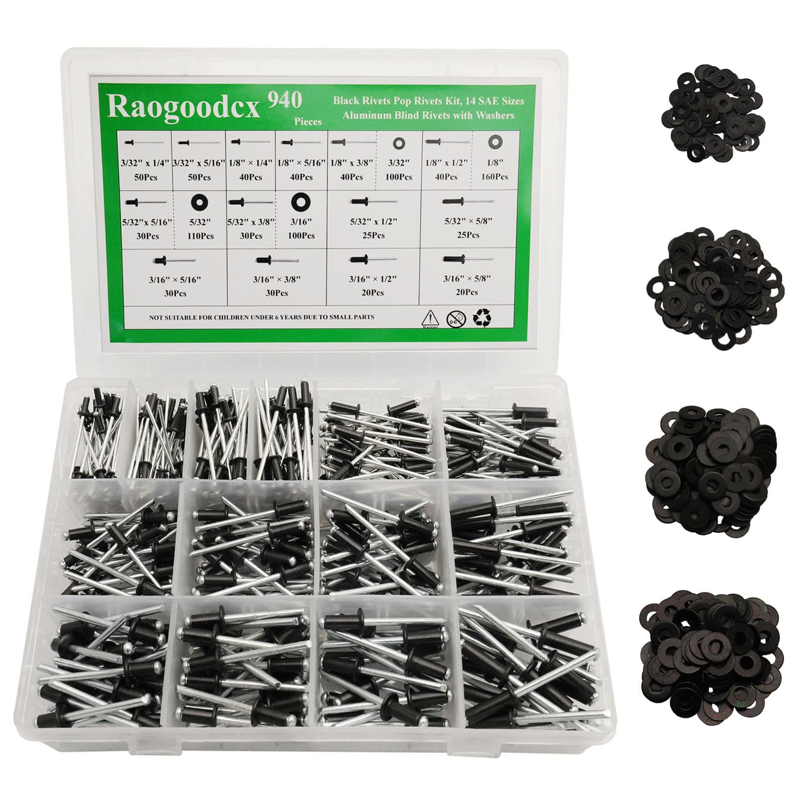 940Pcs 14 Sizes Black Pop Rivets with Washer 3/32" 1/8" 5/32" 3/16" Blind Rivets for Metal Dome Head