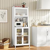 Letaya 63" White Metal Kitchen Pantry Cabinet - Bakers Rack with Glass Doors, Adjustable Storage Hutch, Microwave Stand for Kitchen Dining