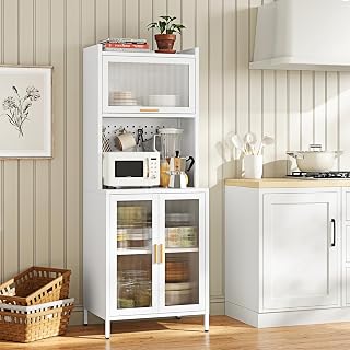 Letaya 63" White Metal Kitchen Pantry Cabinet - Bakers Rack with Glass Doors, Adjustable Storage Hutch, Microwave Stand for Kitchen Dining