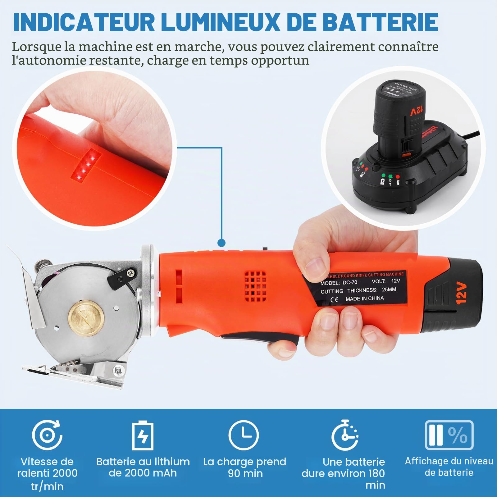 MXBAOHENG ciseaux à tissu sans fil électrique coupe ronde épaisseur de coupe maximale 25mm pour couper le tissu/tapis/cuir/caoutchouc/carton (2 piles 2 lames, Orange)