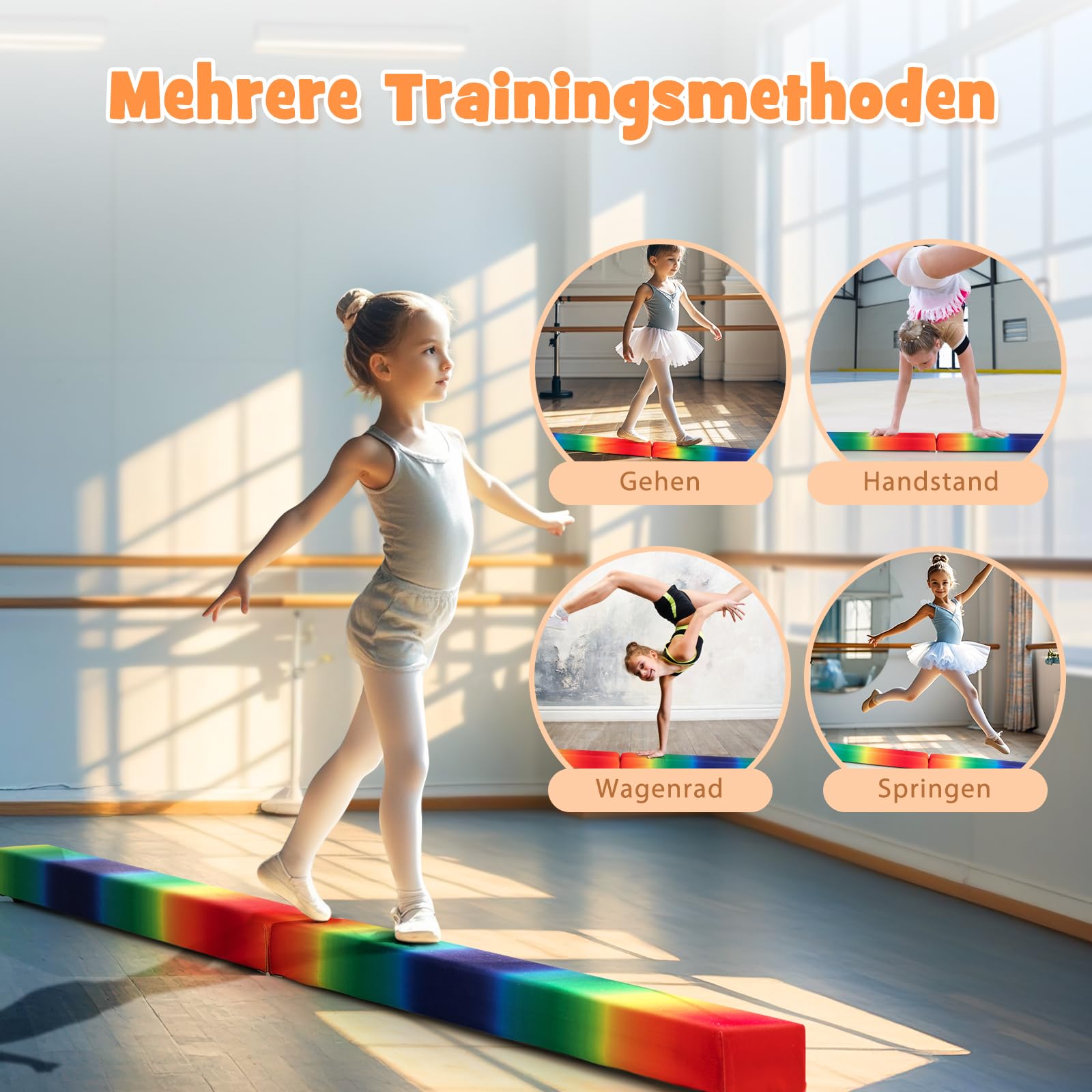 GYMAX Viga de Gimnasia Plegable de 210/240/270 cm, Barra de Equilibrio con Base Antideslizante, Marco de Madera de Pino, Asa para Transportar, Espuma Extra Firme, para Niños