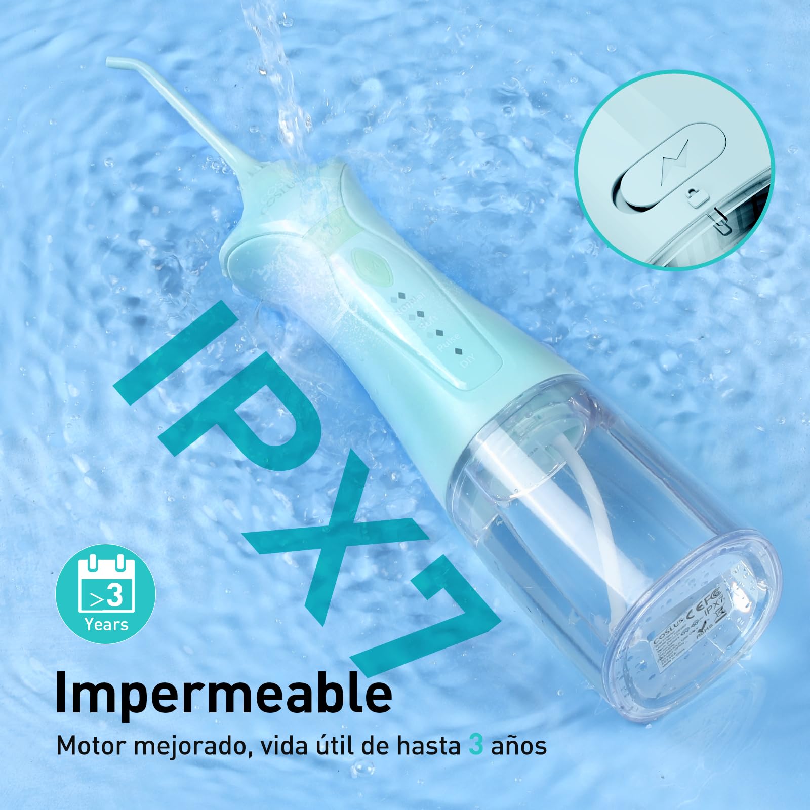 Irrigador Bucal Portatil Irrigador Dental: COSLUS 4 Modos Irrigador Dental 300ml Tanque de Agua Irrigador Bucal Ganador de la Prueba 30 Días de Duración de la Batería Limpiador Interdental Verde