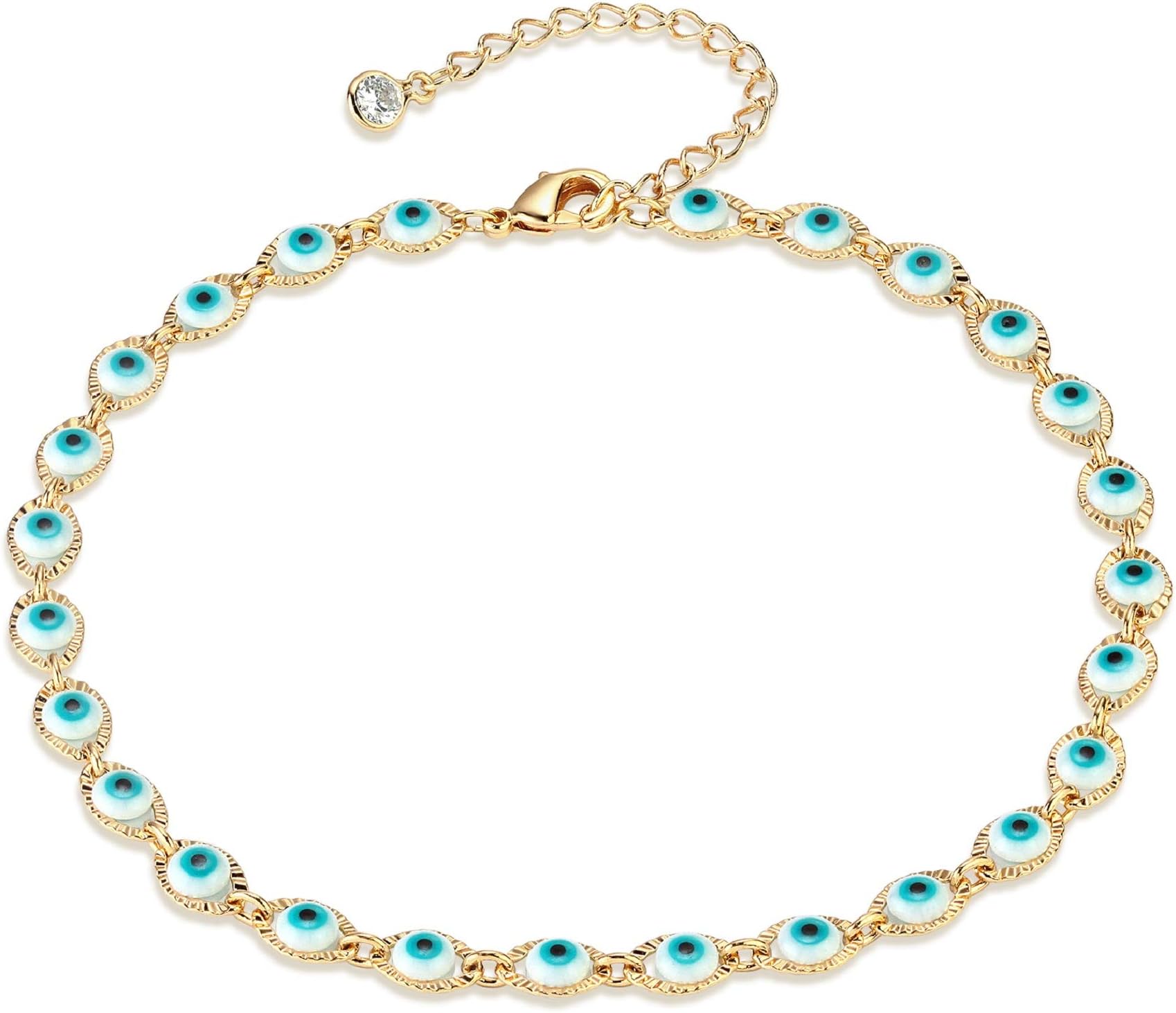 LOYATA Dainty Ankle Bracelet,14K Gold Plated Tiny Bead Anklet Dainty White Cubic Zirconia Cross Tassel Foot Chain Cute Lucky Moon Evil Eye Foot Jewelry Boho Anklets for Women