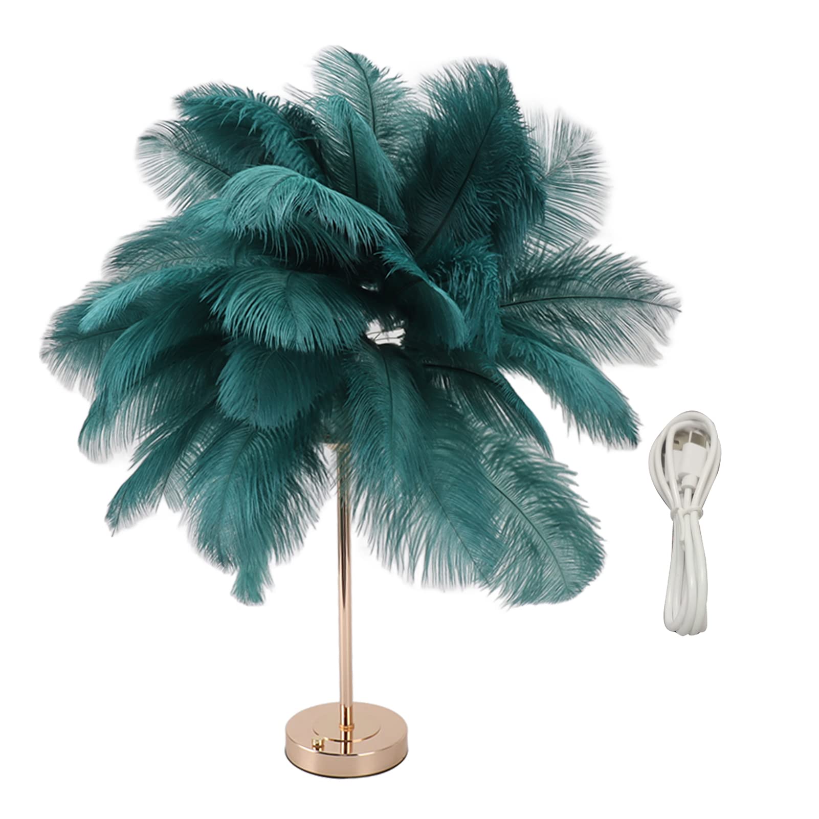 Gsycle Ostrich Feather Table Lamp Rechargeable Modern Romantic Decoration Lamp Bedroom Bedside Lamp for Home Decoration (Dark Green)