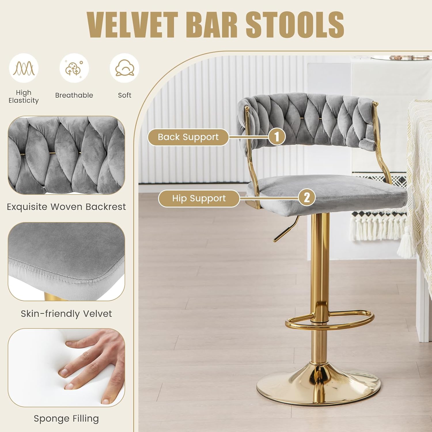 Giantex Swivel Adjustable Height Bar Stools Set of 4 Grey, Open-Back Velvet Barstools with Elegant Woven Back, Max Load 400 Lbs, 360° Swivel Bar Dining Chairs for Kitchen Island Pub