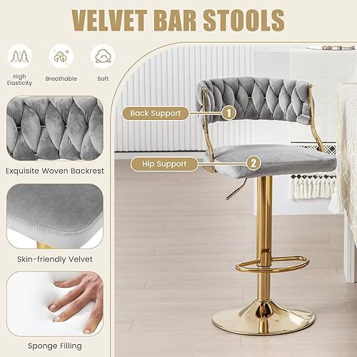 Miniatura 7 de Giantex Juego de 2 taburetes de bar giratorios de altura ajustable, taburetes de bar de terciopelo con respaldo abierto con elegante respaldo