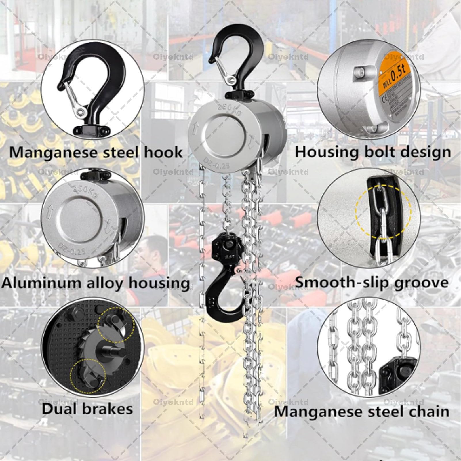 Handkettenzug, manueller Kettenzug mit verbesserter verzinkter Kette, Schwerlast-Rollenzug für Garage, Lagerhalle, Kfz-Maschinen 250KG*3m