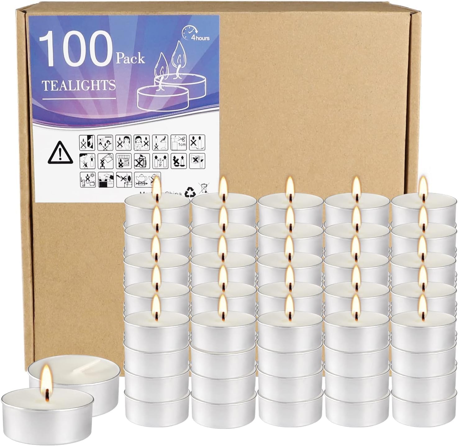 100 Pack 4 Hour Long time Burning,Unscented Tea Lights Candles,White, Smokeless, Dripless,for Weddings, Home, Pool,Shabbat