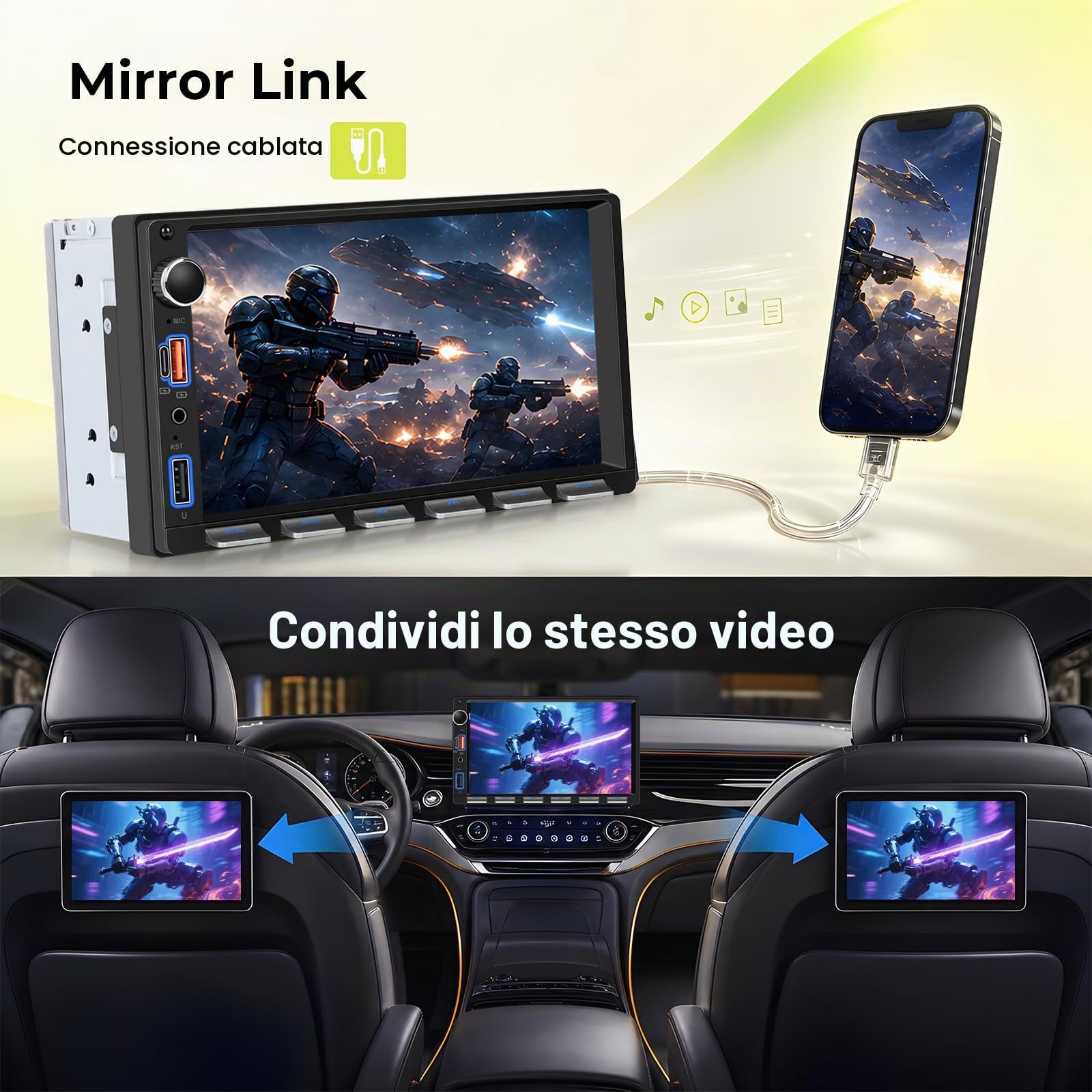 Autoradio 2 DIN MirrorLink 7 Pollici Schermo Tattile