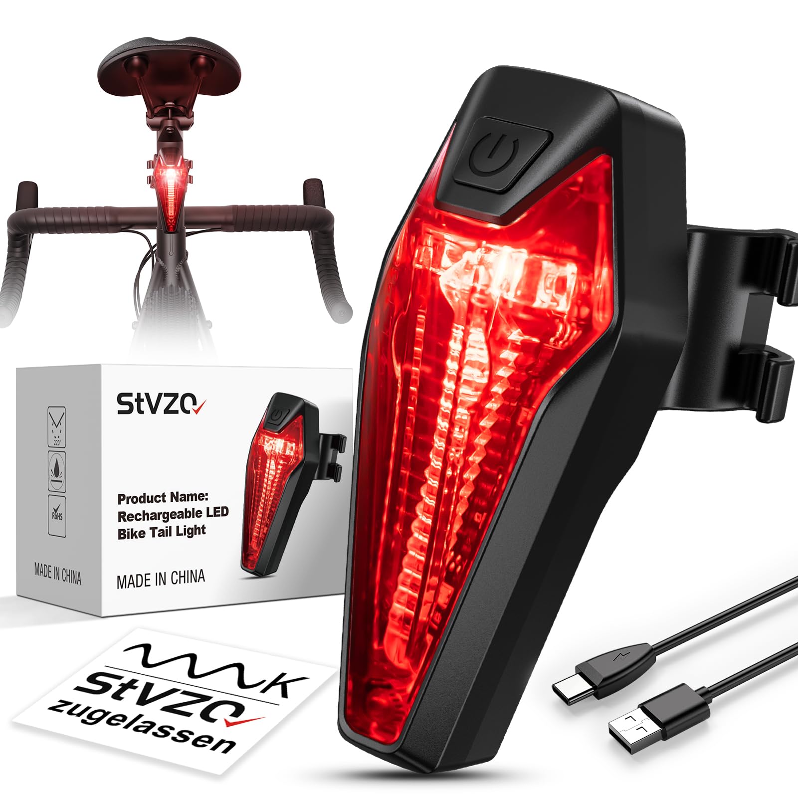 Amitor Rücklicht Fahrrad mit Bremslicht, StVZO Zugelassen Fahrrad Rücklicht LED USB C Aufladbar Batterie, IPX6 Wasserdicht Fahrrad Rückleuchte, Fahrradlicht Hinten Sattelmontage für MTB/Rennrad/Ebike Sport & Freizeit