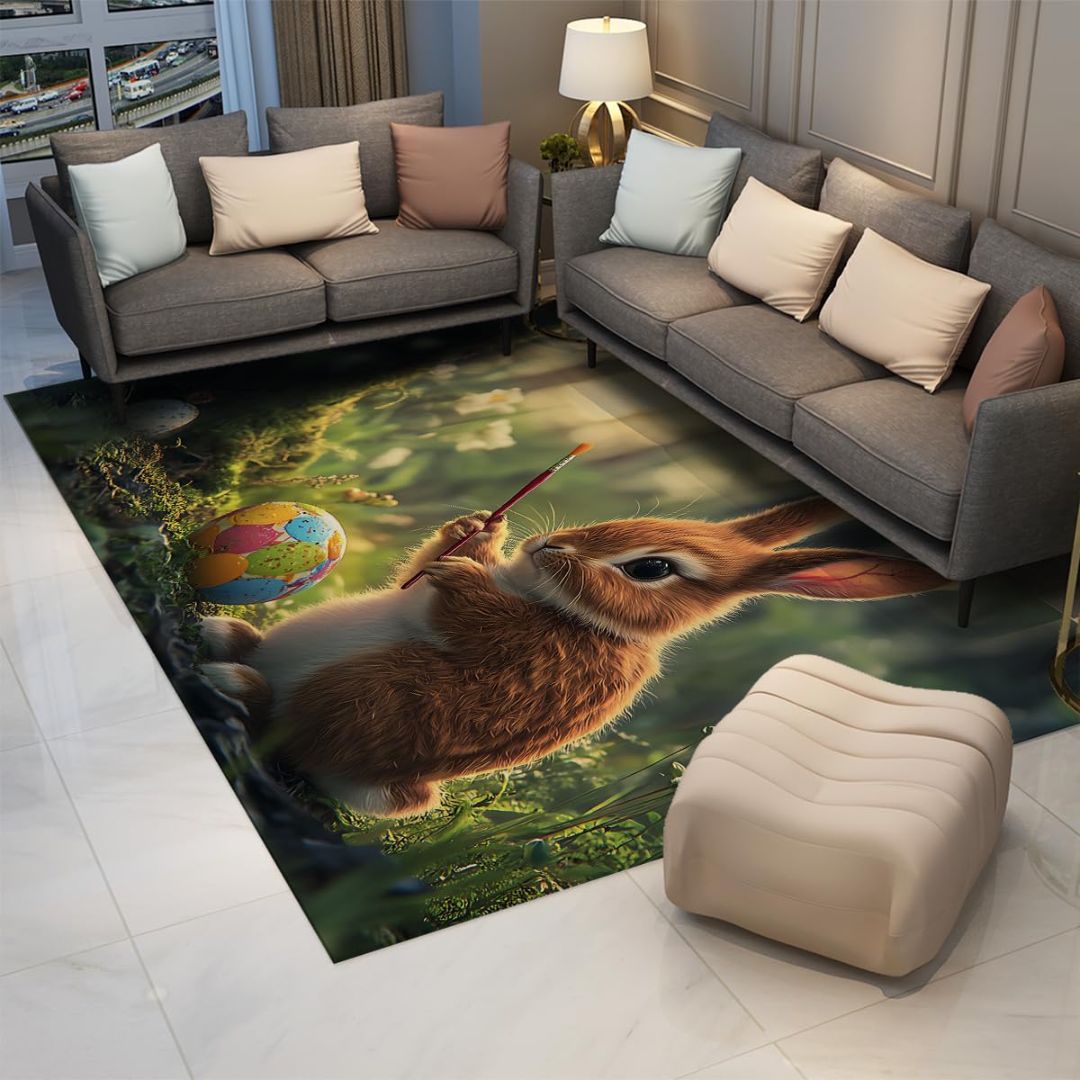 Tappeto lavabile 80x150cm Tappeti di coniglio pasquale fantasioso Spring Forest Carpet sottile per pavimento sottile e morbido per soggiorno Ingresso camera da letto Nursery zerbino Pasquale