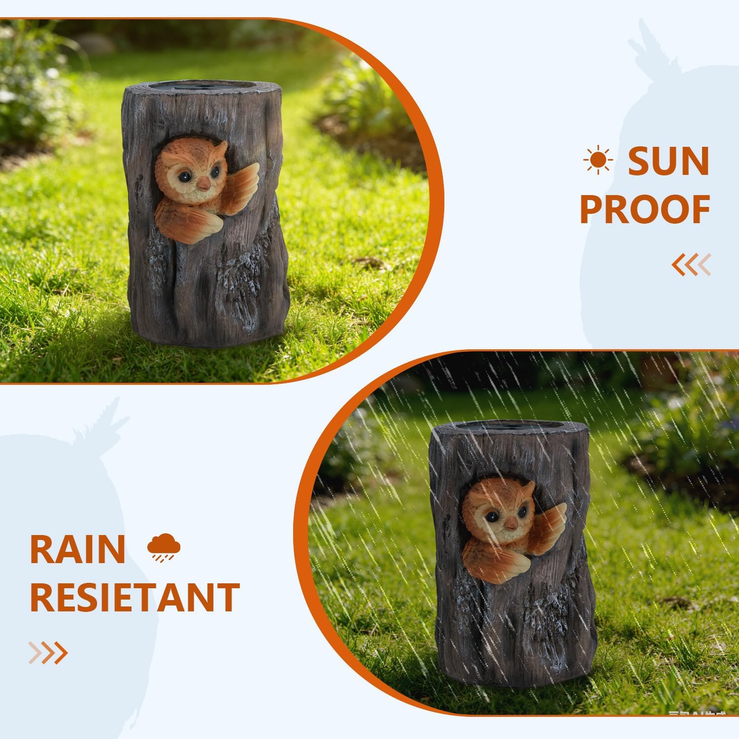 Landoraloria Solar Powered Tree Stump Owl Garden Statue with Light, Brown Resin, Waterproof Outdoor Decorative Lamp