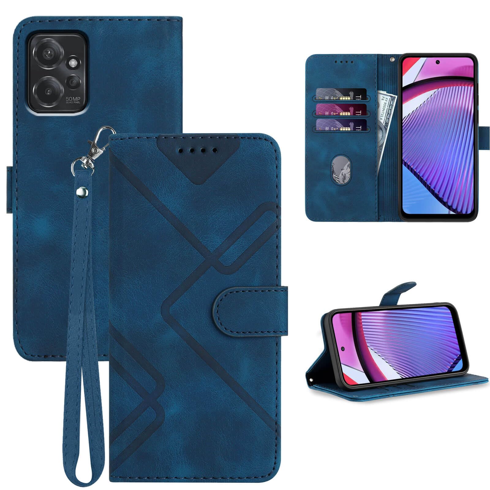 JHWVVTF for Moto G 5G 2023 Case Wallet/for Moto G 5G 2023 Phone Case,Card Holder Protector Leather Kick-stand,Wrist Strap,Magnetic Closure,Shockproof Protective Flip Cases Cover (Blue)