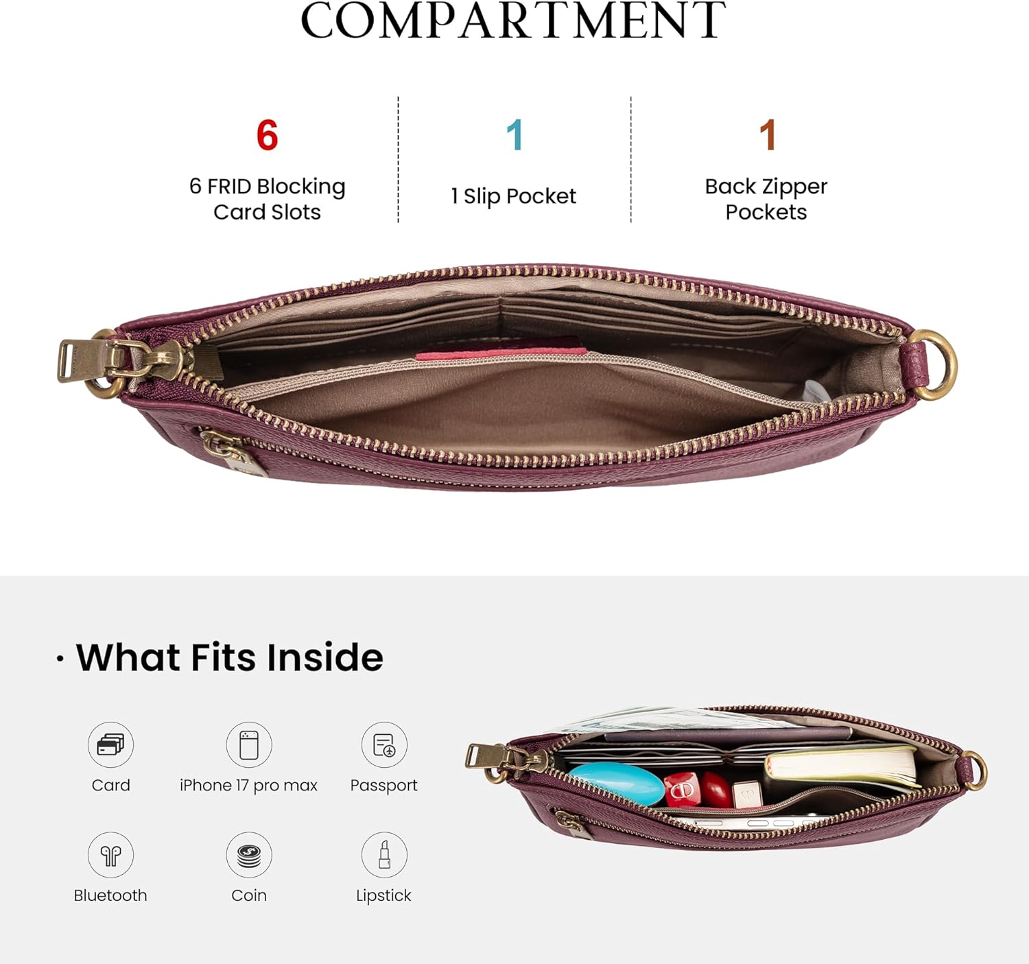 befen Leather Wristlet Wallet for Women, Vintage Leather Crossdody Bag Cell Phone Purses with Built in Wallet Clutch Purse - Image 5