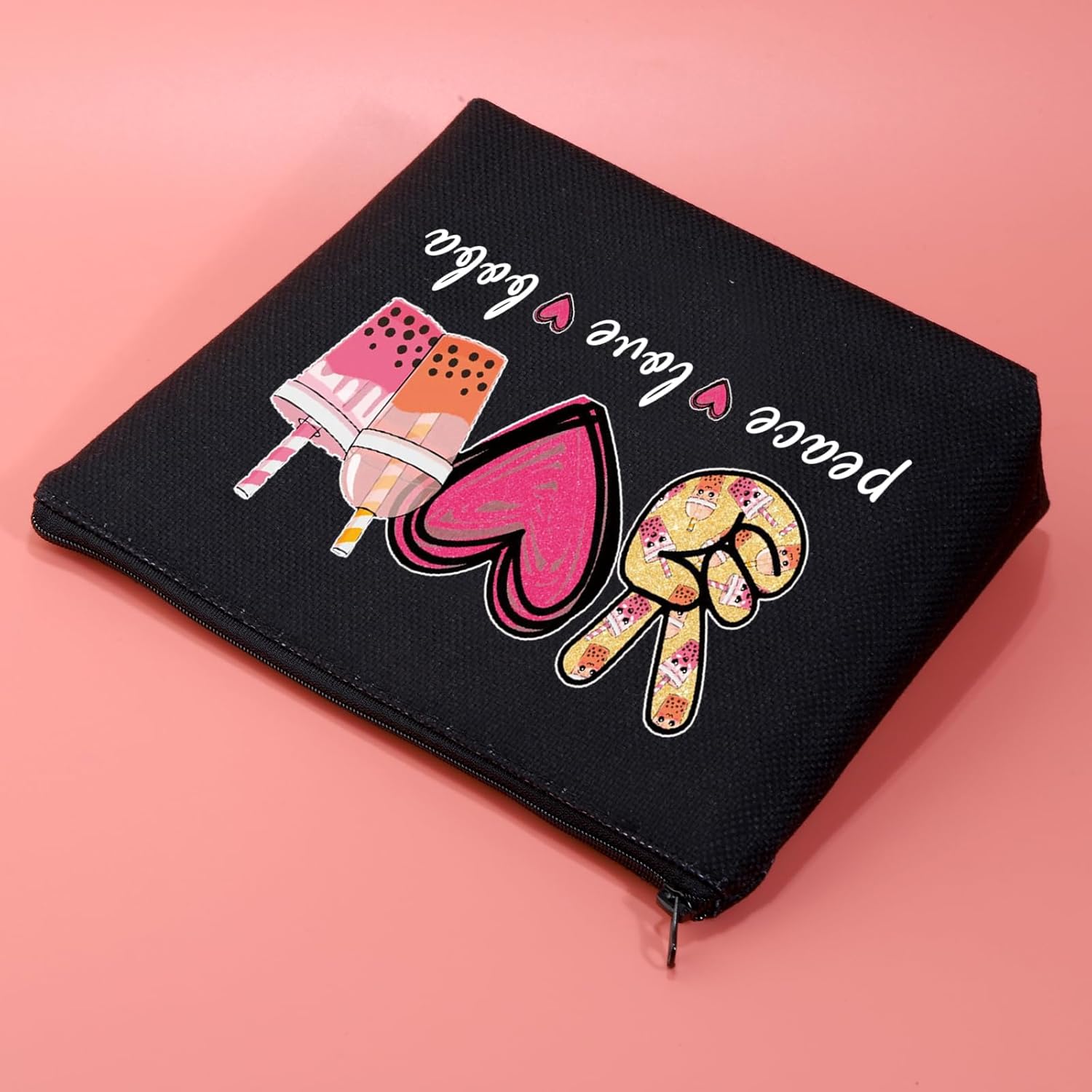 JXGZSO Peace Love Boba Cosmetic Bag Makeup Bag With Zipper Coffee Boba Tea Gift Bubble Tea Makeup Bag (peace love boba black) - Image 4
