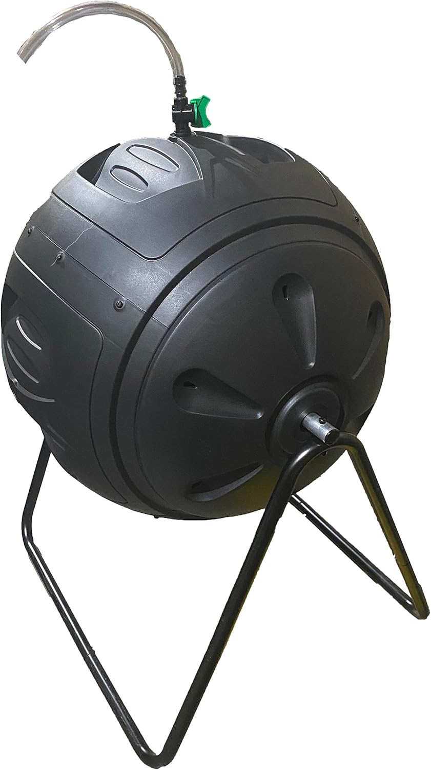 Exaco Ms. Tumbles Round Easy to Turn Compost Tumbler - 35 Gallons, Drain Hose with Cut-Off Valve, Black/Green