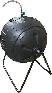 Exaco Ms. Tumbles Round Easy to Turn Compost Tumbler - 35 Gallons, Drain Hose with Cut-Off Valve, Black/Green