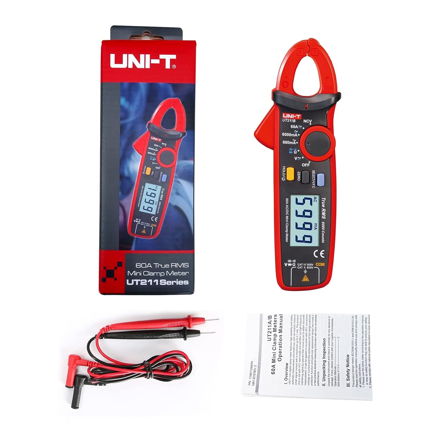 UNI-T Digital Clamp Meter UT211B Mini Multi Tester 60A Auto Ranging 6000 Counts TRMS Backlit VFC NCV Meter, AC DC Current Voltage Ohmmeter Capacitance Continuity Diode, 0.1mA Resolution