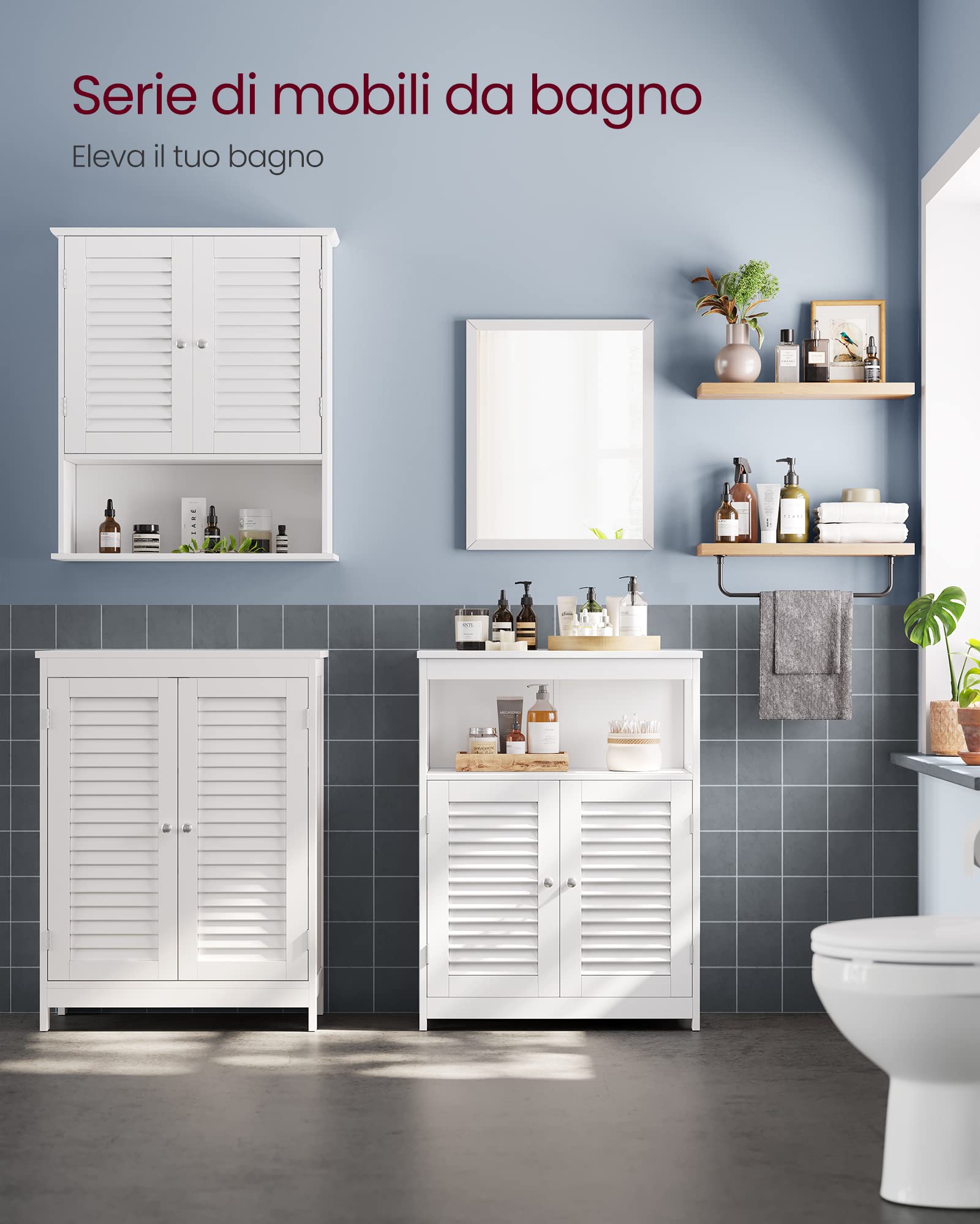 VASAGLE Mobile da Bagno, Mobiletto da Bagno e Cucina, Armadietto con Anta Doppia a Persiana, 30 x 60 x 80 cm, Bianco BBC40WT