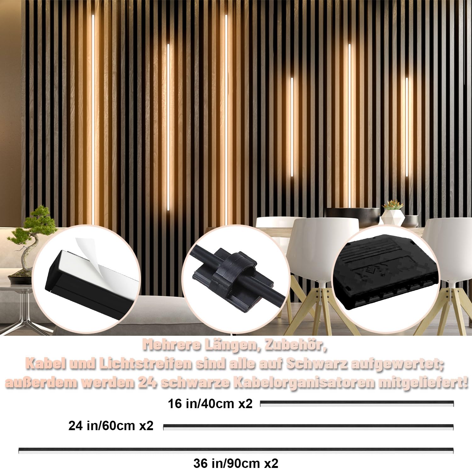 Lichaser Schwarz LED für Akustikpaneele, 6 Stück Eingebetteter Akustikpaneele LED Streifen Warmweiss Alexa Kompatibel, Selbstklebend Strip für Wandpaneele Beleuchtung, Regal (40 * 2+60 * 2+90 * 2 cm)