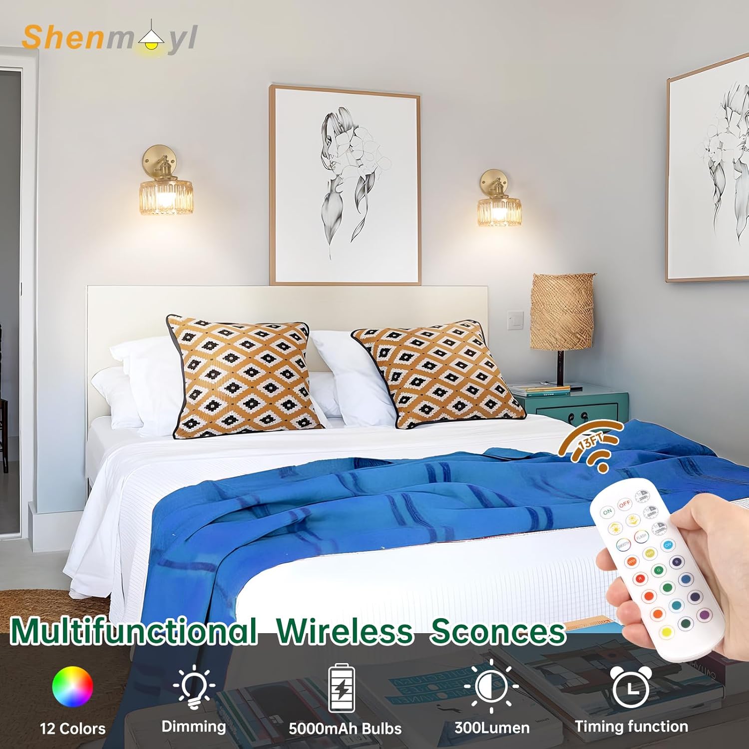 Vintage Battery Operated Wall Sconce with Amber Striped Glass Lampshade 5000 mAh Rechargeable Battery Powered Wall Light with Remote Control for Bedside Bedroom Doorway, Set of 2