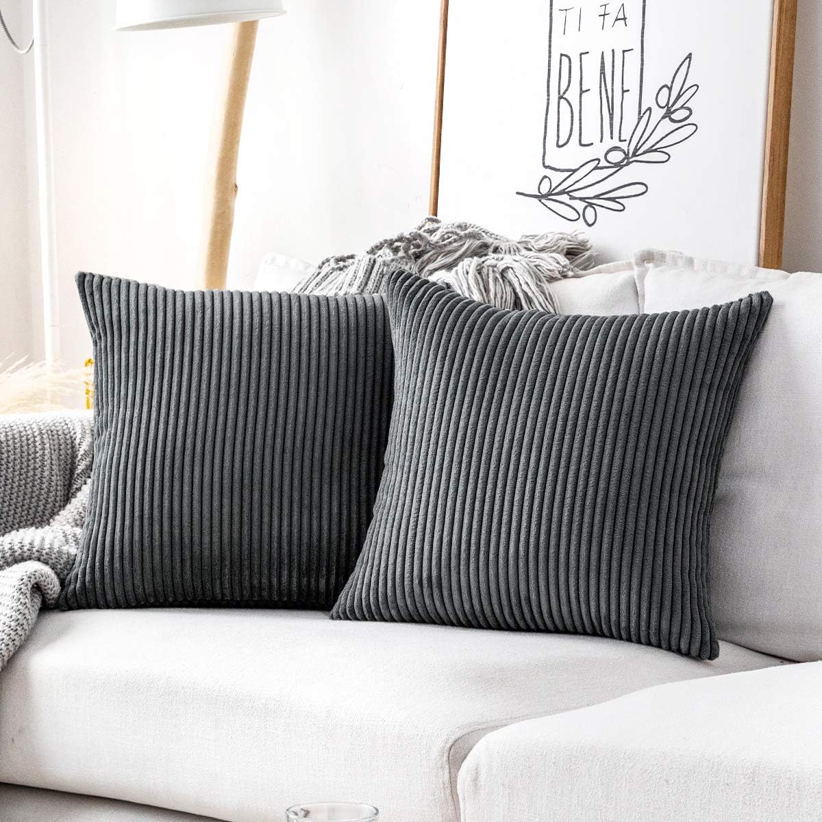 MUDILY One Piece Striped Velvet Decor Throw Pillow Covers Cushion Cover for Chair Supersoft Handmade Decorative Pillowcase for Sofa Bed Bench and Outdoor, Dark Grey 24 x 24 inch