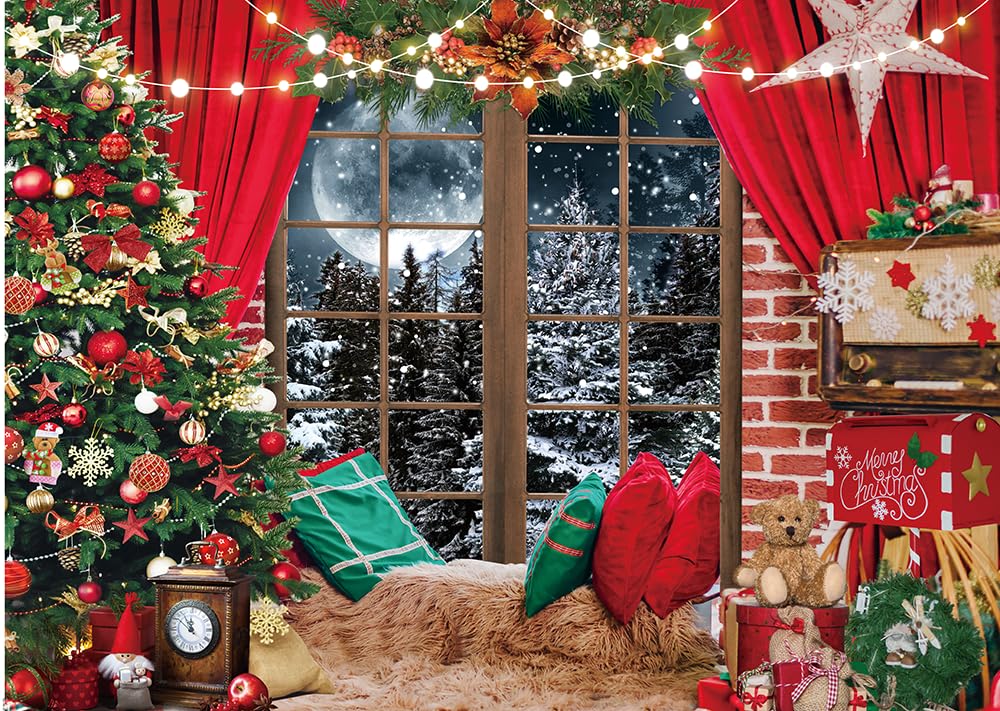 CHAIYA 10X8FT Christmas Backdrop Brown Window Backdrop for Photography Winter Snow Scene Xmas Tree Christmas Party Decoration Banner