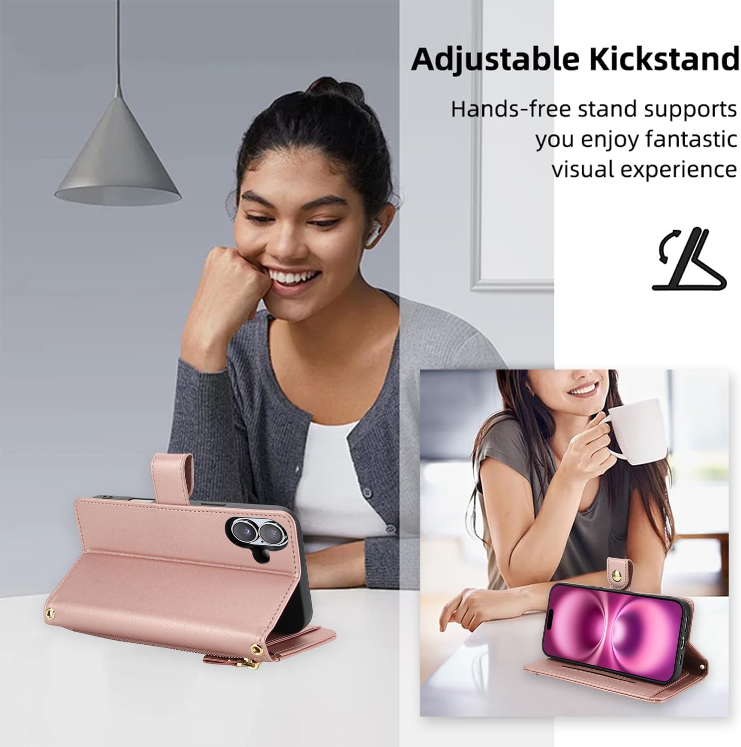 Asuwish Phone Case for iPhone 17 6.3 inch Zipper Wallet Cell Cover, with Tempered Glass Screen Protector and Crossbody Wrist Strap, Flip Credit Card Holder i Phone17 i17 17Case Women Girls Rose Gold