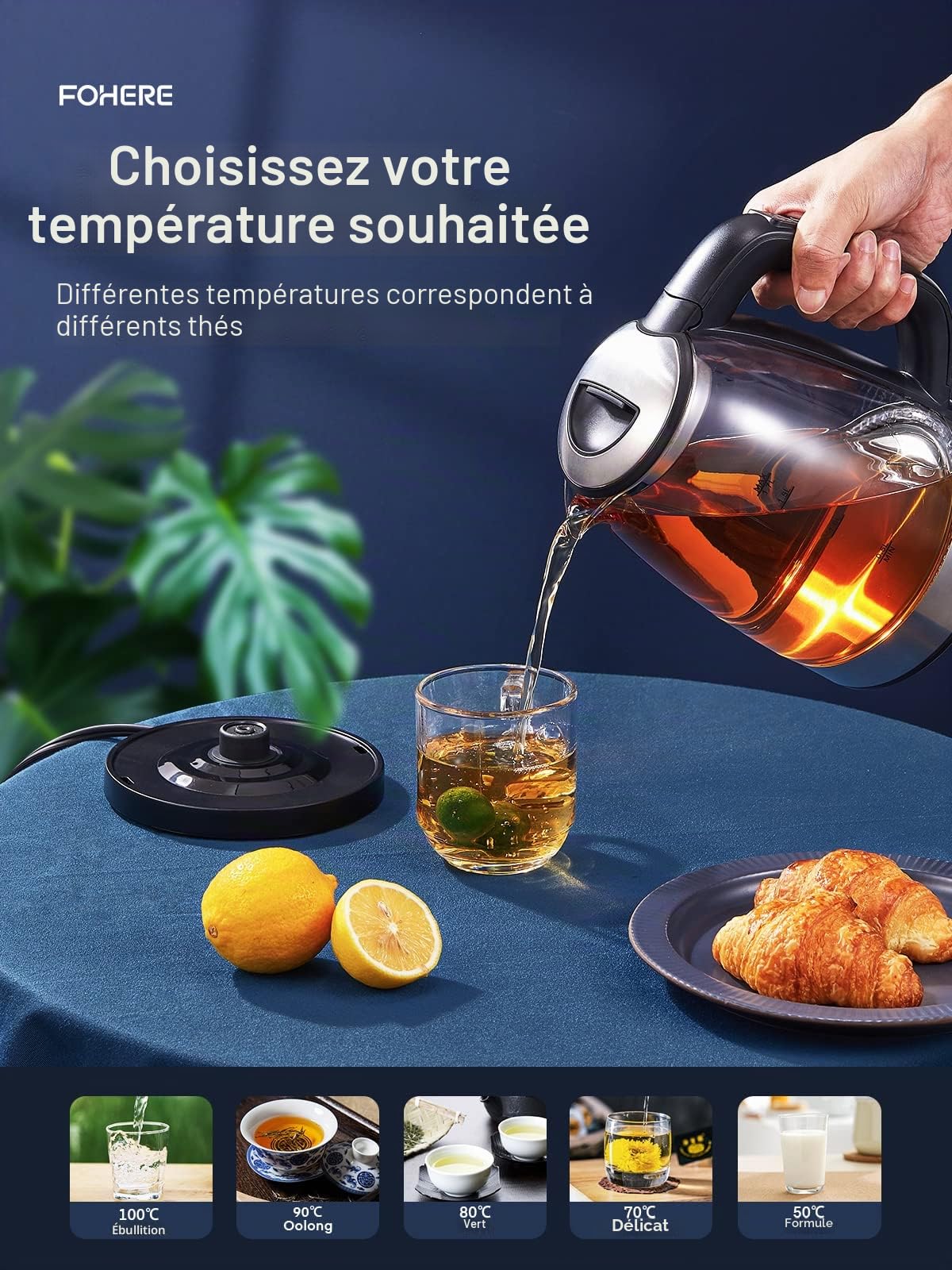Bouilloire Électrique en Verre 1.7 L, FOHERE Thermostat Réglable 50-100°C, Fonction Maintien au Chaud, 5 Couleurs de LED, 2200W