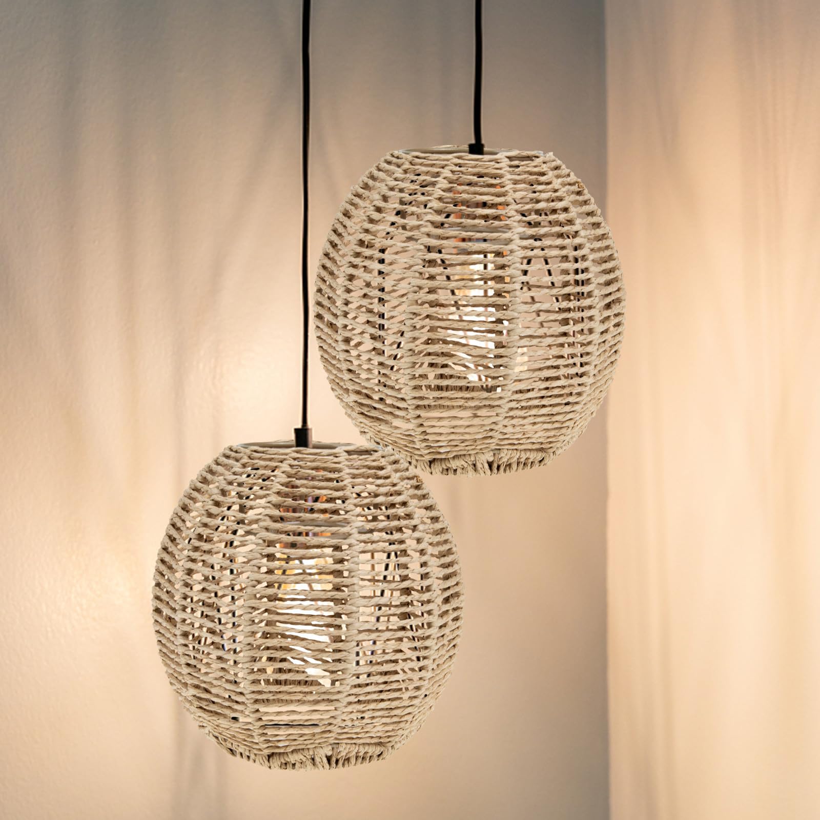 2pezzi Paralume Rattan Intrecciato per Lampada a Sospensione, Coprilampada in Corda Imitazione, Stile Rustico Farmhouse, per Casa e Bar, Attacco E27