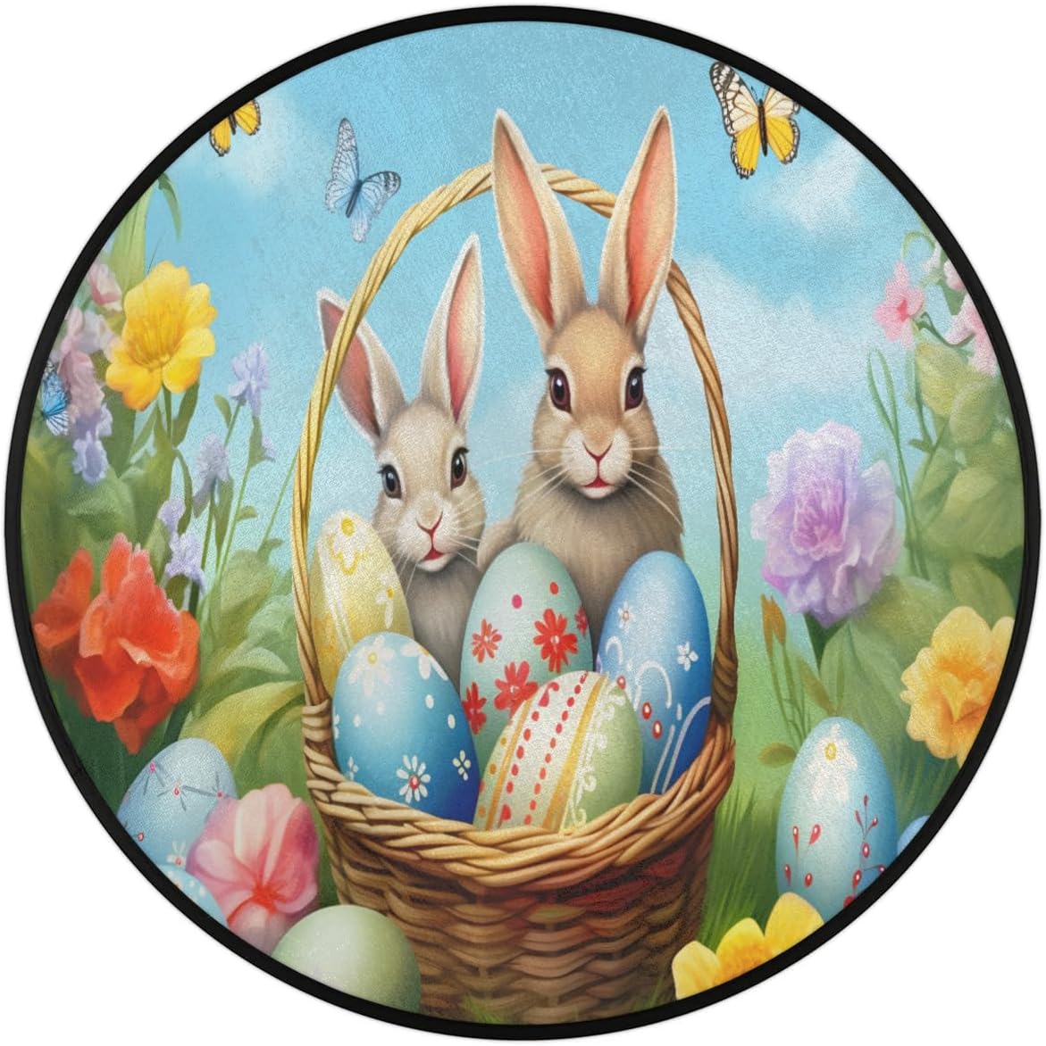 Rug Area, Eggs Rabbit Butterfly Rug Accent Anti-Slip Distressed Protector Gaming Computer Chair Mat Throw Rugs Floor Carpet for Living Room Bedrooms Laundry Decor Gaming Diameter 63in