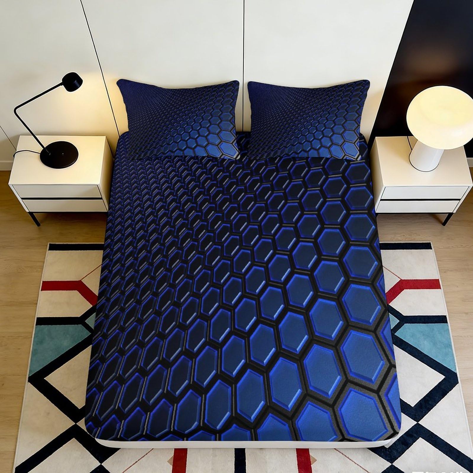 Dhbaneiok Style-9 3D Printed Hexagon Blue Fitted Sheet Microfiber Bedroom Decor Geometric Mattress Cover For Home Guest Room 90X200x25cm