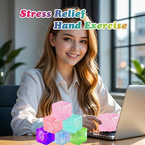 Vista 16 de Paquete de 3 cubos esponjosos con purpurina, juguetes para la ansiedad para niños, cubos de gel para estrés de crecimiento lento para adultos, cubos