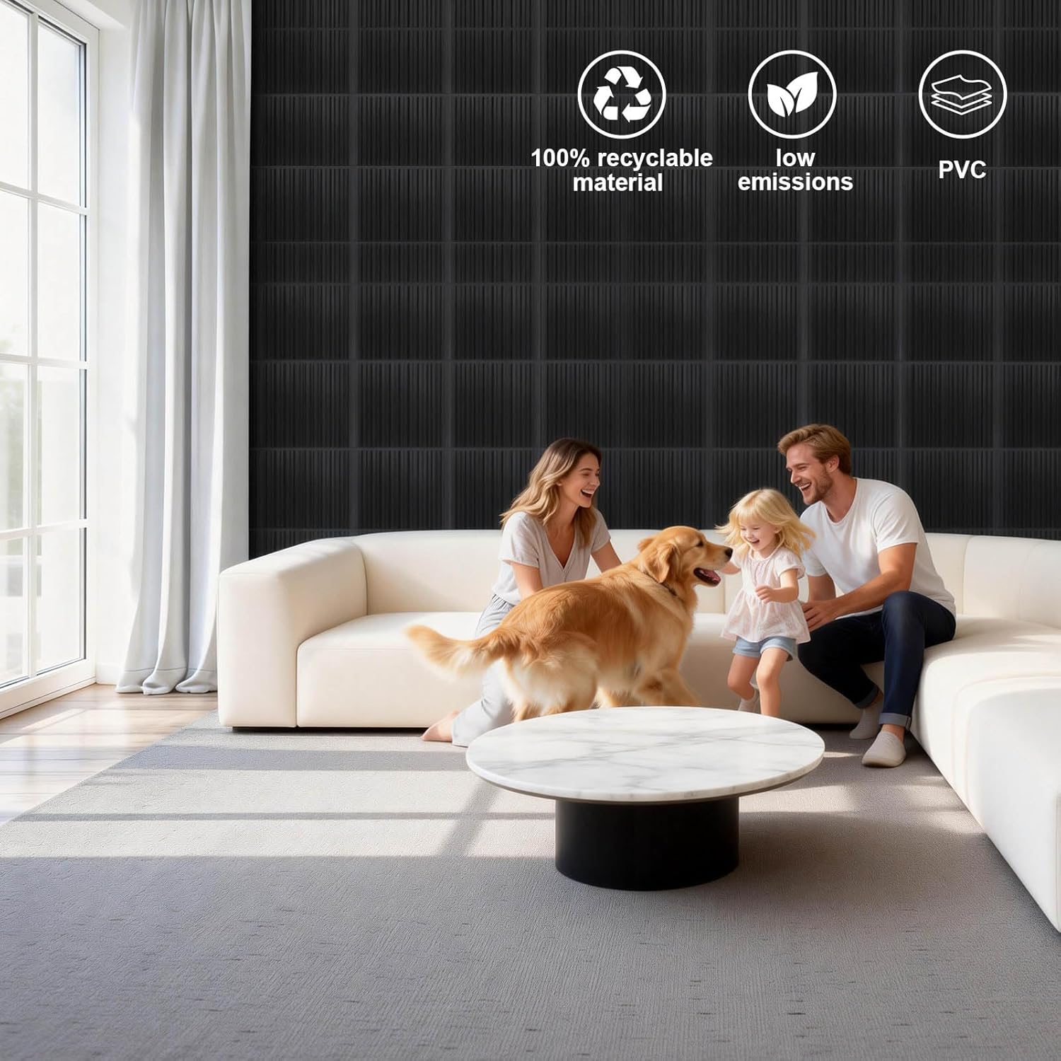 12 Pcs Strip 3D Wall Panels, PVC Decorative Fluted Textured Wall Paneling, Cuttable and Waterproof, Suitable for Indoor Wall Decoration:Living Room Bedroom Office with Tape, 19.7 x 19.7 Inches, Black