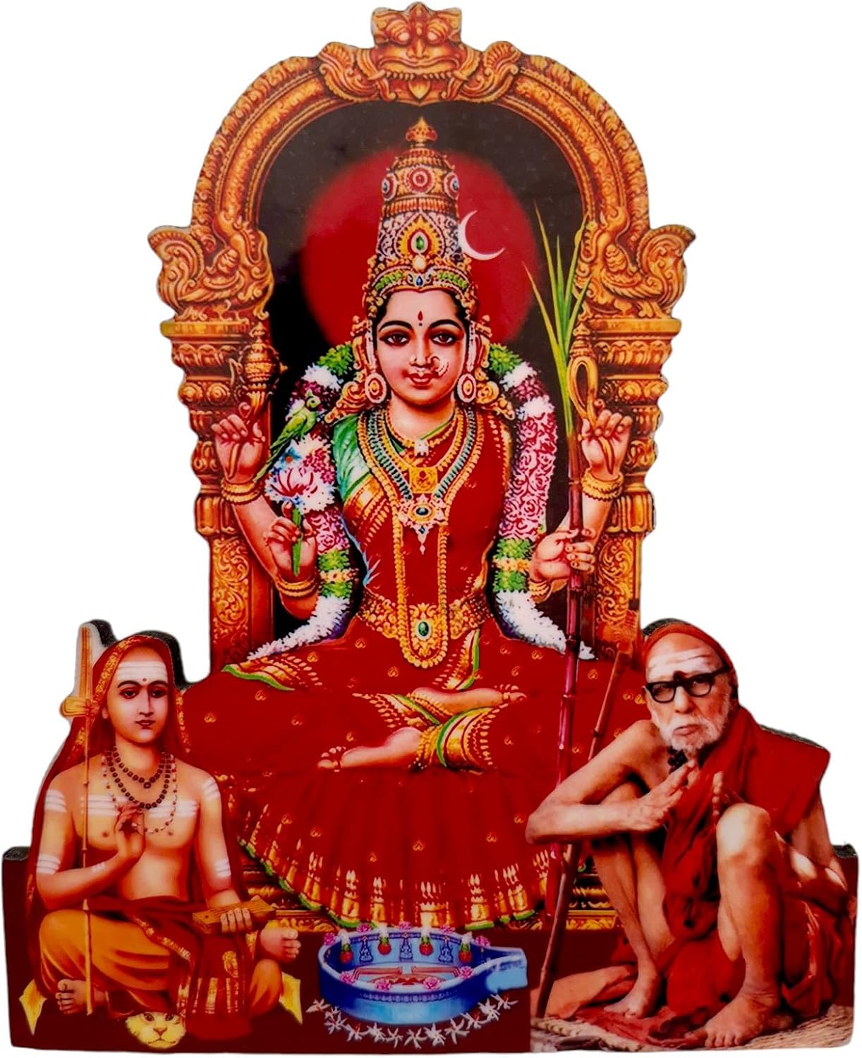 Vils Sri Kanchi Kamakshi,Adhi Sankarar,Maha Periyava Divine Holy Blessing Wood & Plastic Photo Frame Cutout with Backstand for Pooja/Gift- Red Saree (5 inch X 6 inch)- Multicolor