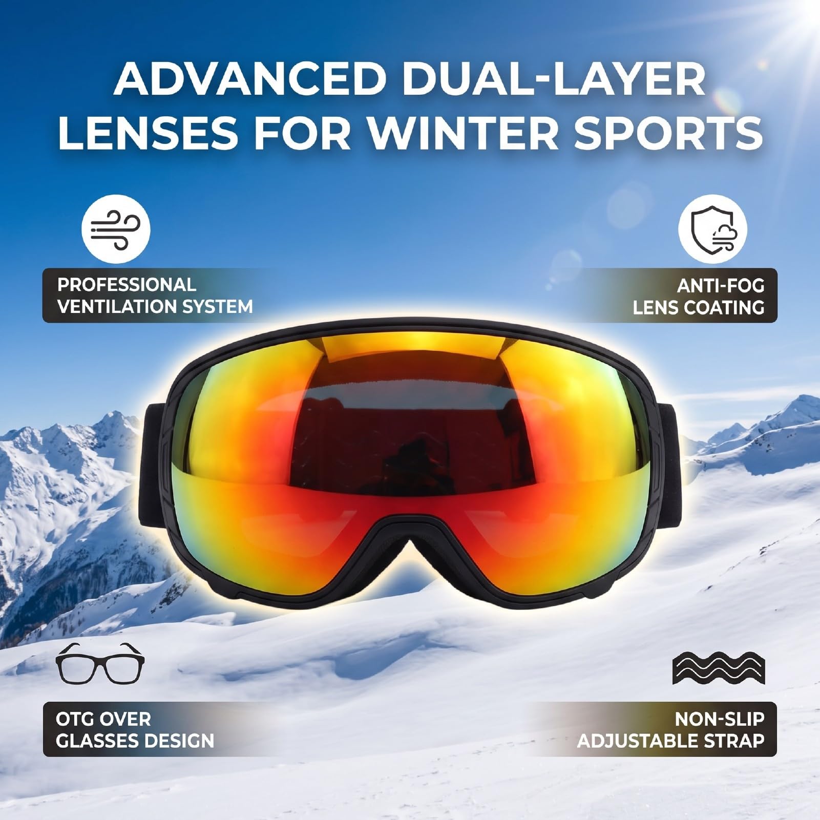 Magnetic Ski Goggles, OTG Design for Glasses | Anti-buée, sangle réglable, verres double couche, léger, sports d\'hiver