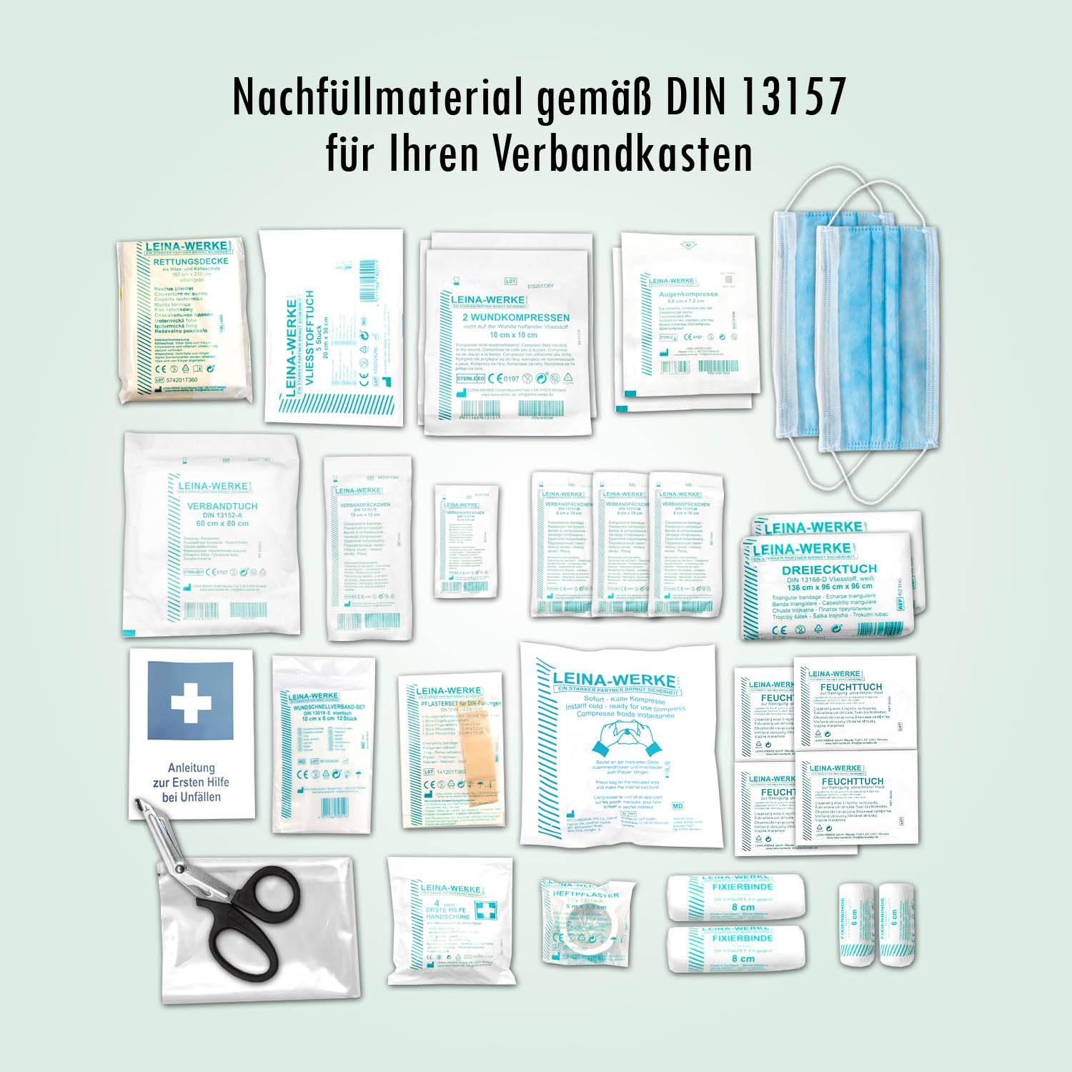 Betriebs-Verbandkasten DIN13157 mit Halterung Made in Germany + BG-Info-Paket mit Aushang Erste-Hilfe + Sicheitszeichen + Verhalten bei Unfällen + Verhalten im Brandfall