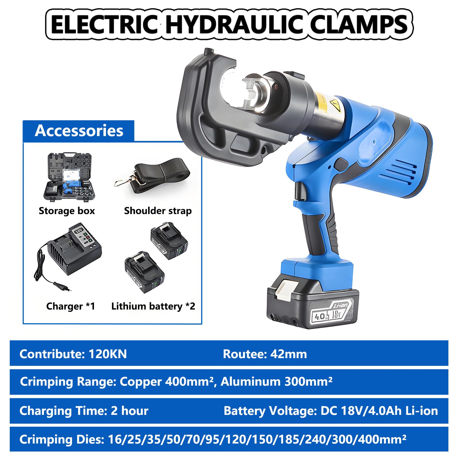 Herramienta de Crimpado Hidráulica a Batería con Matrices, Crimpadora Terminales Electricos, Engarzadora y Pelacables Recargable, Alicates para Terminales de Cobre y Aluminio EZ-400