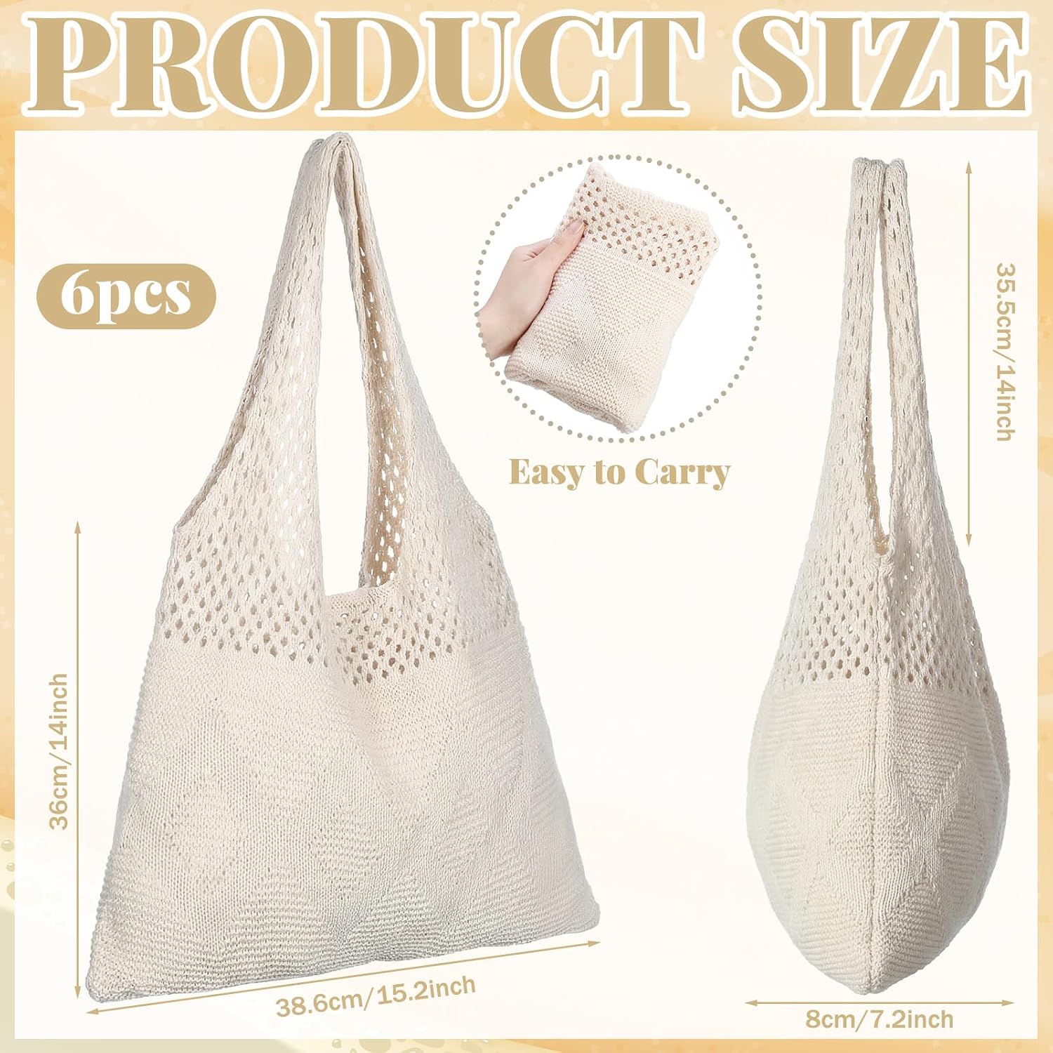 Hsei 6 Pack Beige Crochet Tote Bags for Women 15.2 x 7.2 x 14in Mesh Beach Bag Hollow out Knit Shoulder Bag, Large Capacity Handbag for Beach Travel Shopping